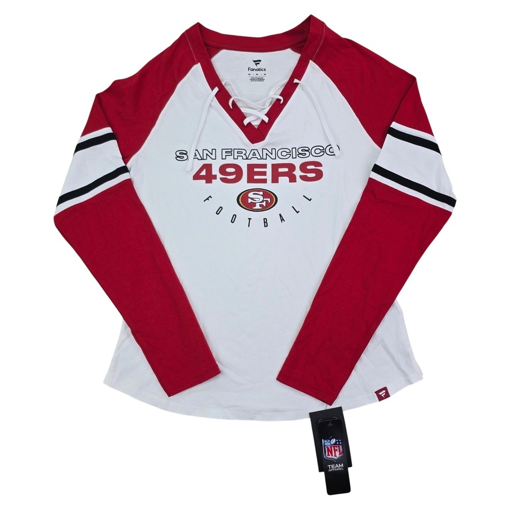 Fanatics San Francisco 49ers Shirt Womens Medium White Red Lace Up V-Neck Raglan